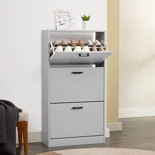 Image of Shoe Storage Cabinet for Hallway Shoe Storage Organiser with 3 Drawer Shoe Rack 3 Tier Storage Cabinet Freestanding Footwear Stand for Hallway, Entryway, Living Room, Light Grey, 60W x 24D x 112H cm