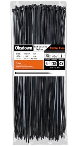 Image of Oksdown 100 Pack Black Plastic Cable Ties 300mm×3.6mm Heavy Duty Strong Nylon Premium Self Locking 12 inch/30 cm Long Zip Tie Wraps