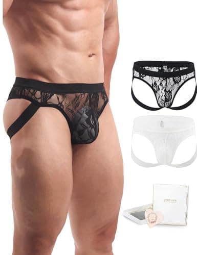 Image of ohmydear Men's Jockstrap Low Rise Lace Jock Straps for Men Athletic Supporter Mens Thongs Underwear Bulge Pouch Man Tanga Briefs Elastic Waistband Underpants 2 Pack