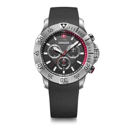 Image of WENGER Men’s Watch Seaforce Chronograph Ø 43 mm, Swiss Made, Analogue Quartz, Water-Resistant up to 200 m, Silicone Strap, Black, 01.0643.122