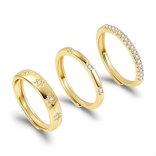 Image of ALEXCRAFT Gold Rings For Women Set 3 Cubic Zirconia Star Adjustable Rings for Women Gold Plated Ring Womens Ring Stacking Adjustable Open Finger Pack Boho