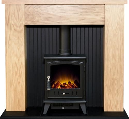Image of Adam New England Stove Fireplace in Oak with Aviemore Electric Stove in Black, 48 Inch