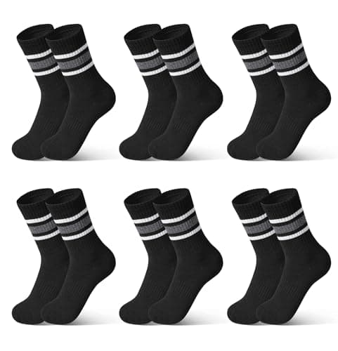 Image of Auranso 6 Pairs Boys Socks Kids Sports Crew Socks Cotton Athletic Socks for Age 7-10 Years Black