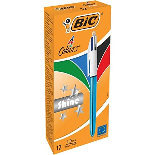 Image of BIC 4 Colours Shine Ballpoint Pens - Metallic Blue Body, Box of 12