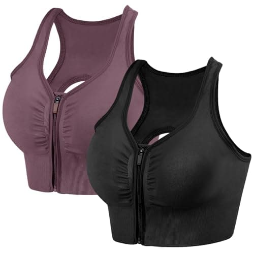 Image of dowskwx 2 Pack Sports Bras for Women Zip Front Closure Yoga Bra Seamless Wirefree Padded High Impact Running Gym Workout Bras (Black Purple, M)