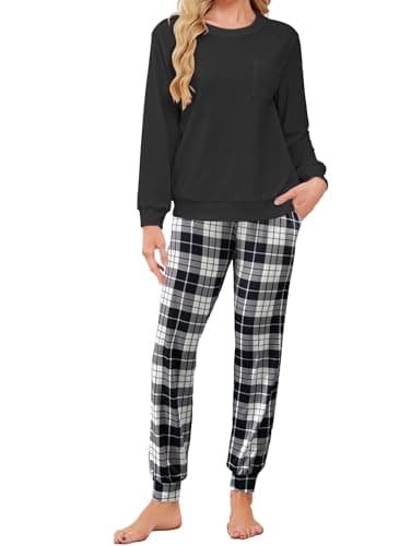 Image of Famulily Womens Thermal Fleece Pyjamas Sets Cosy Checked 2 Piece Fuzzy Pajamas Tops and Bottoms for Winter Warm Sleepwear with Pockets Black M