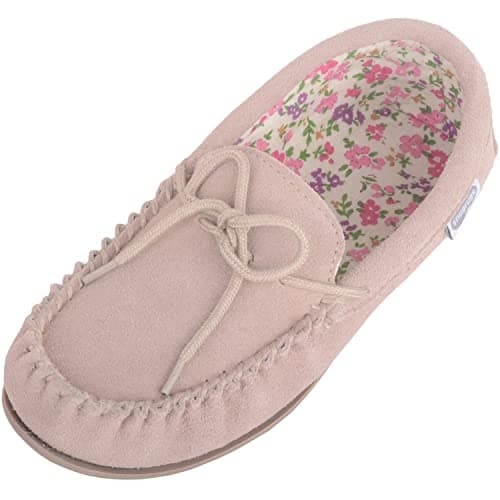 Image of SNUGRUGS Ladies Cotton Lined Tan Suede Moccasin Slippers with Hard Sole. Size 8