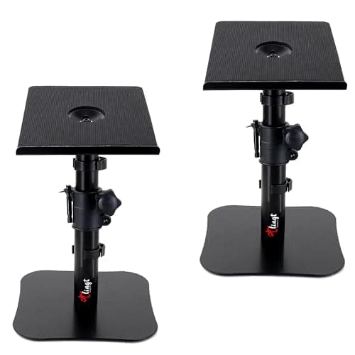 Image of Desktop Speaker Stand Pair, 17x20 cm Metal Tray, -10° to +10° Tilt, Flat Base Universal Fit for Any Desk Surface, Perfect for 3"-4" Monitor & Bookshelf Speakers