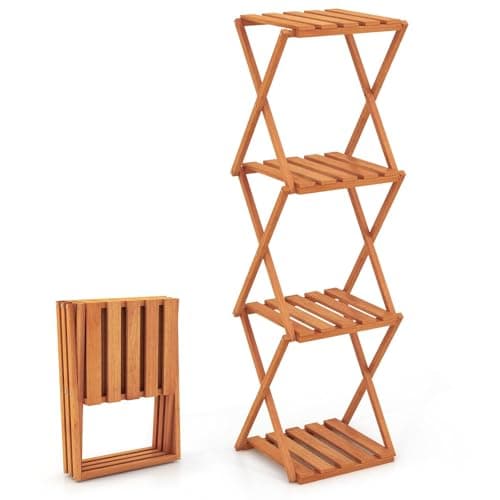 Image of TANGZON 4 Tier Foldable Plant Stand, Folding Tall Plant Shelf Holder with Slatted Shelves, Indoor Outdoor Corner Flower Pot Display Rack Shelving Unit for Garden Patio Living Room Balcony