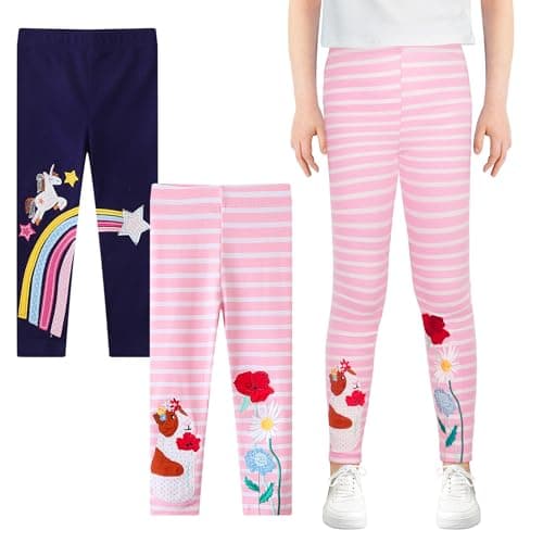 Image of JinBei Girls Leggings 2-Pack Cotton Long Trousers Elastic Breathable Sports Leggings with Cute Embroidery Animal Rainbow Pattern Kids Pants Activewear, 2-3 Years,Pink and Light Blue