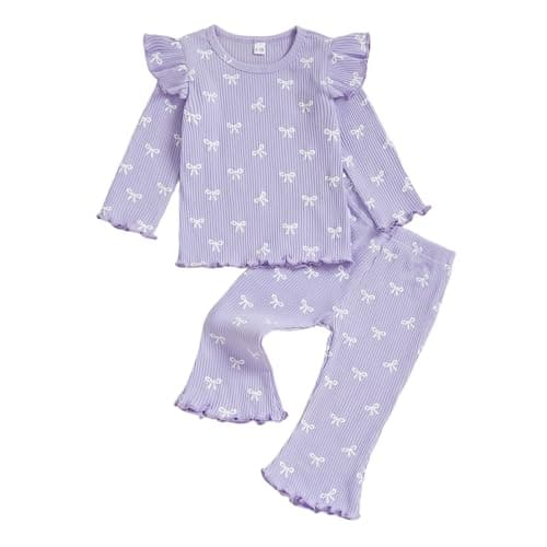 Image of JCOPLY Toddler Baby Girl Outfit Kids Autumn Clothes Bow Print Long Sleeve Crew Neck Ribbed Knit Shirt Tops Frill Trim Bell Bottoms 2 Pcs Outfits Set (Purple, 2-3T)