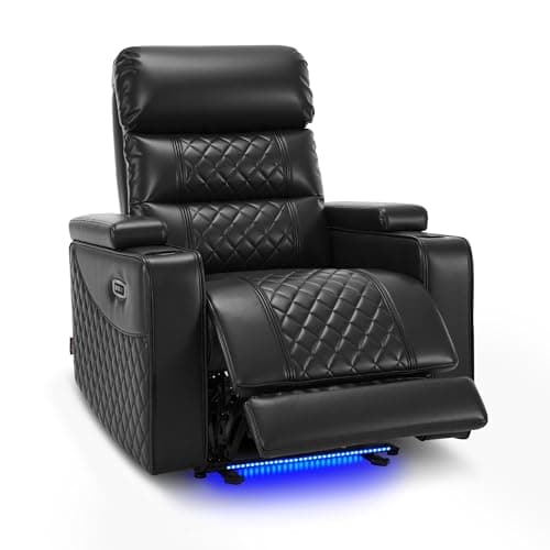 Image of MCombo Electric Recliner Cinema Chair, Home Theater Seating with Adjustable Headrest & Arm Storage, TV Armchair with USB & LED Light, Faux Leather, FSC Certified HTS432 (Black, Single Seater)