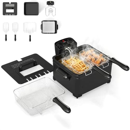 Image of TANGZON 3L/5L Deep Fat Fryer, 2000W Deep Fryers with Adjustable Temperature, Viewing Window, Removable Baskets & Cool-Touch Handle, Easy Clean Electric Fryer for Chicken Shrimp Chips (5L, 3 Baskets)