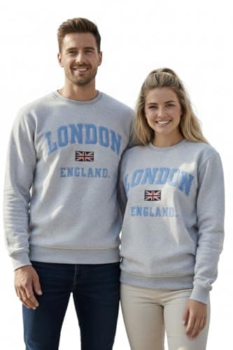 Image of GWCC LE201PW Unisex London England Applique Embroidery Sweatshirt Polar White and Powder Blue Embroidery Sizes XS to 4XL, with Metal Union Jack Pin Badge, 2026 Colour (UK, Alpha, M, Regular, Regular)