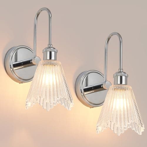 Image of Vikdio Wall Sconce Set of 2, Chrome Vintage Light Fixtures with Long Clear Glass Lampshade, Hardwired Sconces Wall Lighting for Bedroom, Bathroom, Living Room | Includes 2 LED Bulbs