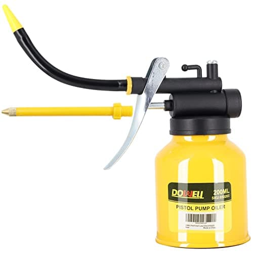 Image of DOWELL Pistol Pump Oiler Metal Oil Can Lubrication Oil Gun 6.8oz 200ml Can Bottle with Straight Flexible Spout Yellow HY050203
