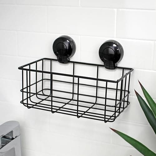 Image of Showerdrape Suctionloc Black Steel Suction Wall Mounted Bottle Basket with Mounting Discs