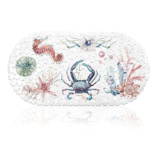 Image of QZDAFFIC Printed Bath Mat Non-Slip, Anti Mould Bathtub for Inside Bath, PVC Rubber Bathroom with Suction Cups, Washable Oval-shaped Shower Kitchen Baby Kids Elderly Adults 69x35cm (Sea) (QZDD02)