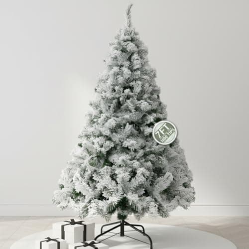 Image of Pelle & Sol 7ft Snow Tipped, Flocked Christmas Tree with 1080 Snowy Tips - Artificial Xmas Decorations - Easy Assembly w/Metal Stand, Natural Look Frosted Christmas Tree