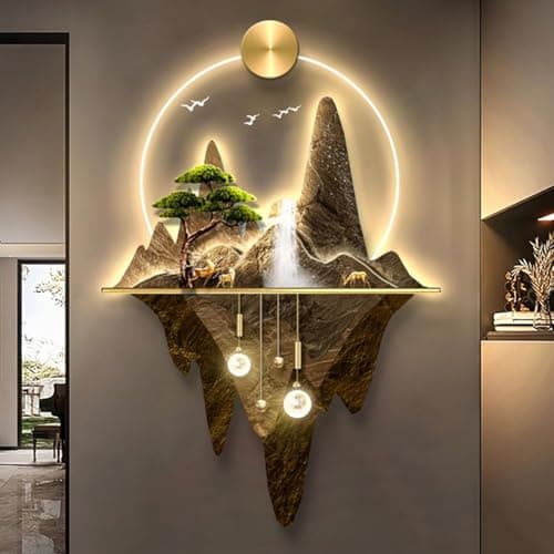 Image of LED 3D Wall Art - Mountain Water Landscape Lighted Sculpture, Canvas Hanging Decor for Hallway, Foyer, Living Room, 60x90cm
