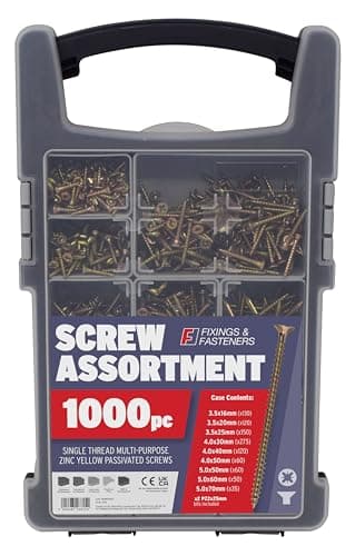 Image of Forgefix 1000pc Screw Assortment with Zinc Yellow Passivated Coating for Corrosion Resistance, Includes Organizer Case with 9 Removable Cups and 2 PZ2 x 25mm Bits