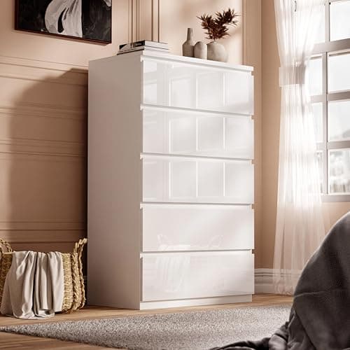 Image of Blisswood High Gloss Chest of Drawer, 5 Drawer Bedroom Chest of Drawer Bedside Table Cabinet for Bedroom Living room Furniture, White, 70W x 40D x 115H cm