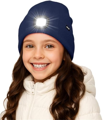 Image of ATNKE Kids LED Lighted Beanie Hat,USB Rechargeable 4 LED Running Headlamp Ultra Bright Cap with Light Hands Free Head Torch Winter Warm Lined Fleece Knit Beany Gifts for Boys and Girls/Light Navy Blue