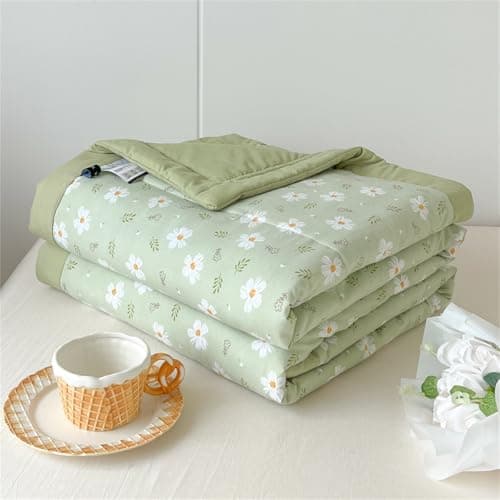 Image of Highdi Spring Floral Print Reversible Bed Throws Quilted Bedspreads, Lightweight Patchwork Quilt Comforter Single Double, Throw Summer Quilt, Quilted Blanket for All Seasons (Green,200x230cm)