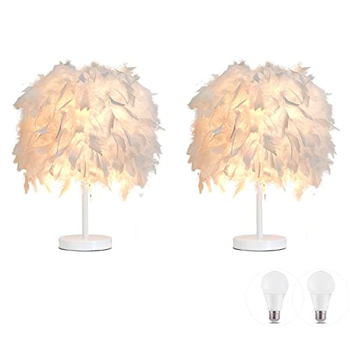 Image of 2 Pack Feather Table Lamp Bedside Lamp Feather Bedside Lampshade Table Light White Base with 3W Bulb for Living Room, Bedroom, Bar, Restaurant, Home Decor, S