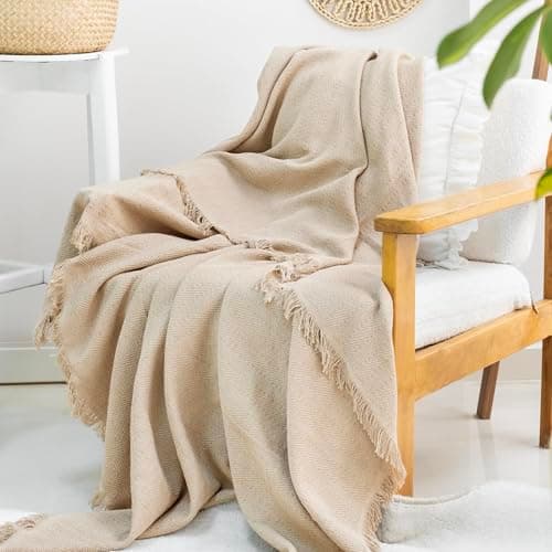 Image of Milam London Cotton Throw Blanket | Soft Throws For Armchairs, Sofa, Settee | Single Bed Throw, Beige - 170 x 200 cm