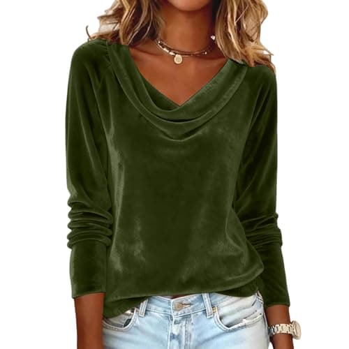 Image of Velvet Tops for Women UK Cowl Neck Pleated Long Sleeve Elegant Blouses Ladies Casual Dressy Shirts Fall Winter Solid Color Tunic Top Work Office Going Out Tops XL Army Green