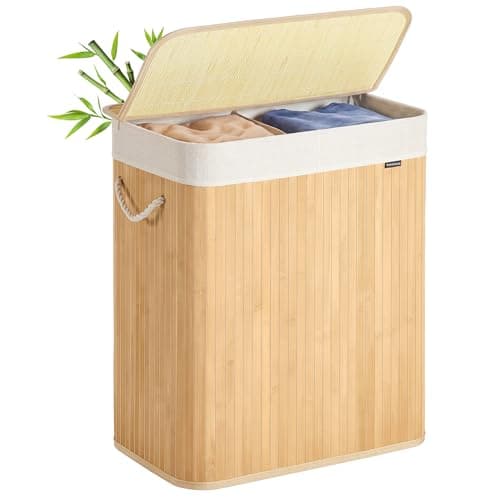 Image of SONGMICS Laundry Basket, 100 L, Laundry Hamper with 2 Compartments, Laundry Bin with Lid, Bamboo, Foldable, Removable and Machine Washable Liner Bag, for Laundry Room, Bedroom, Natural LCB074Y01