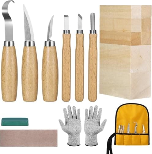 Image of Wood Carving Kit for Beginners, 18-Piece Whittling Kit with 8 Basswood Blocks, Sharp Wood Carving Tools & Whittling Knife Set for Adults, Woodworking Craft Gifts with Roll Bag & Gloves