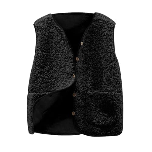 Image of Black Polar Fleece Gilets for Women UK V Neck Button Down Sleeveless Jackets with Pockets, Ladies Casual Warm Waistcoat, Autumn Winter Plus Size Fleece Bodywarmer Going Out 3XL
