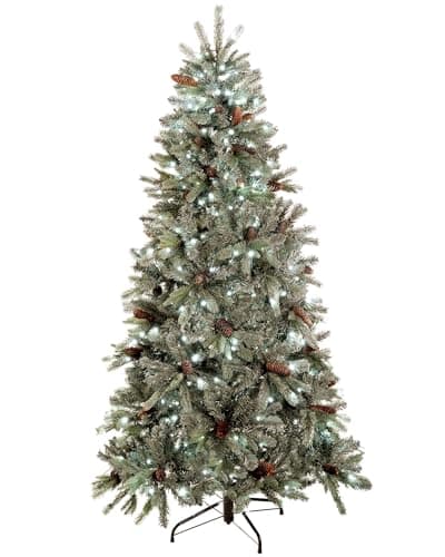 Image of WeRChristmas 7ft Spruce Pre-Lit Multi-Function Christmas Tree Frosted Finish and Pine Cones with White/ LED Lights/ 8 Setting Controller/ Easy Build Hinged Branches, Edwardian Blue