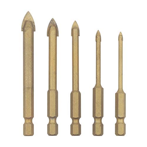 Image of Unxuey 5pcs Hex Shank 1/4 Inch Glass Drill Bits Set Cross Spear Head Titanium Coated Drill Bit for Ceramic Tile Marble Mirror Glass, 3mm, 4mm, 6mm, 8mm, 10mm