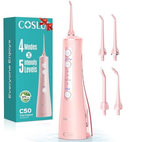 Image of COSLUS C50 Water Flosser for Teeth Cordless: 4 Modes & 20 Levels - Portable Irrigador Dental for Health - Conscious Sensitive Users Gums - Travel Home Use with 4 Jet Tips - Pink