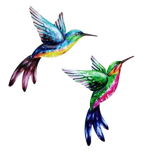 Image of SUNNEKO Large Metal Hummingbird Garden Ornaments Outdoor, Metal Wall Art Big Hummingbird Decorations for Outside Garden Shed Fences Yard Decorations Wall Hanging (2 PCS)