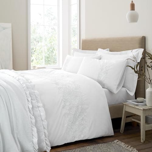 Image of Bianca Embroidery Floral 200 Thread Count Cotton King Duvet Cover Set with Pillowcases White
