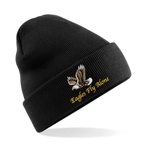 Image of Embroidered Beanie Hat with Unique Eagle Design, Eagles Fly Alone (UK, Alpha, One Size, Black)