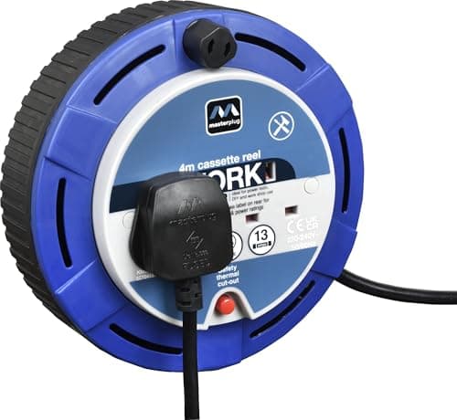 Image of Masterplug Two Socket, 4 Metre Cassette Reel, Small Extension Lead Cable Reel, Wind-Up Retractable Power Cord Reel, Thermal Cut Out, Work Power, Blue/Black, 13A, 2G, 4m, SCT0413/2BL