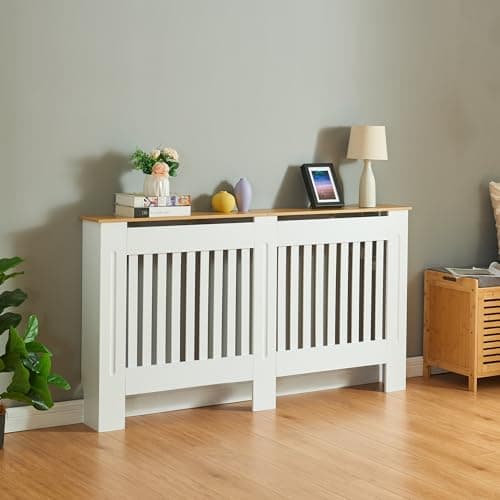 Image of Panana Radiator Cover Cabinet, Modern Painted MDF with Slatted Grill Design (White with wood top, L)