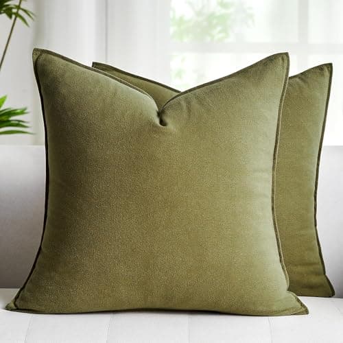 Image of Velvhom Cushion Cover 40x40 Cotton Linen Cushion Covers Olive Green Sofa Cushions Boho Pillowcases Sofa and Luxurious Decorative Throw Pillows for Couch Bed and Home Decoration Set of 2
