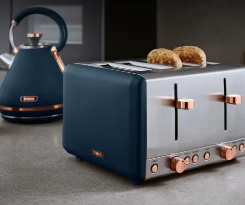 Image of TOWER Cavaletto 1.7L 3 KW Pyramid Kettle and 4 Slice 1600W Toaster. Matching Kettle & 4 Slice Toaster Set in Midnight Blue & Rose Gold