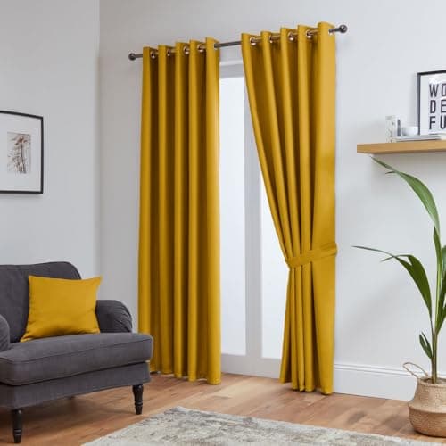 Image of John Aird Blackout Curtains Thermal Energy Saving Eyelet Curtains for Bedroom & Living Room Including Tie Backs (Ochre, W 90" x L 72" (2 Panels)