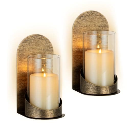 Image of Sziqiqi Copper Wall Candle Holders: Vintage Candle Sconces Set of 2 with Hurricane Glasses - Metal Wall Mounted Candle Holders for Pillar as Wall Art for Living Room Bathroom Bedroom Fireplace Hallway