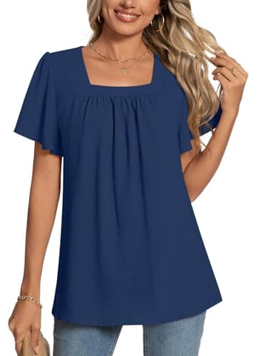 Image of POPYOUNG Womens Blouses Square Neck Ladies Tops Petal Short Sleeve Shirt L, Dark Blue