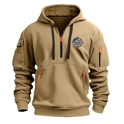 Image of Mens Hoodies Half Zip Long Sleeve Outdoor Fleece Jacket with Pocket Autumn Winter Hooded Sweatshirts Regular Fit Sports Activewear (Khaki, 4XL)
