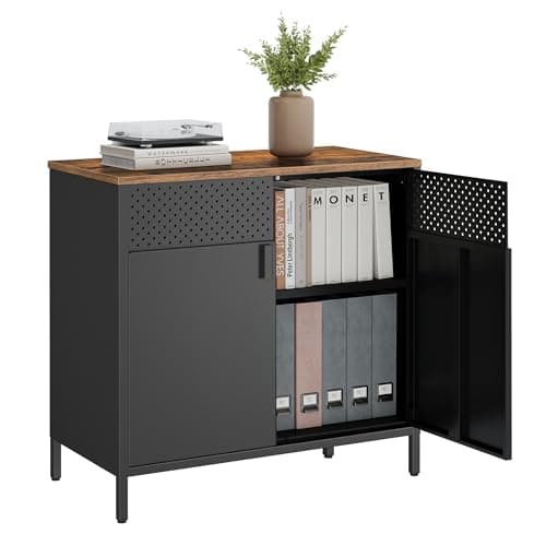 Image of SONGMICS Storage Cabinet, Metal Cabinet with Double Doors, Magnetic Closure, Adjustable Shelf, Steel Frame, Rustic Brown and Black LSC102B01