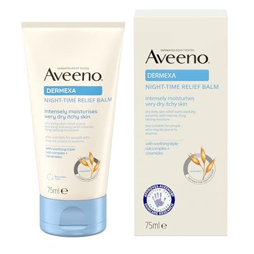 Image of Aveeno Dermexa Night-Time Relief Balm 75 ml for Very Dry Itchy Skin with Prebiotic Triple Oat Complex and Ceramides to Soothe and Strengthen Skin Barrier Overnight
